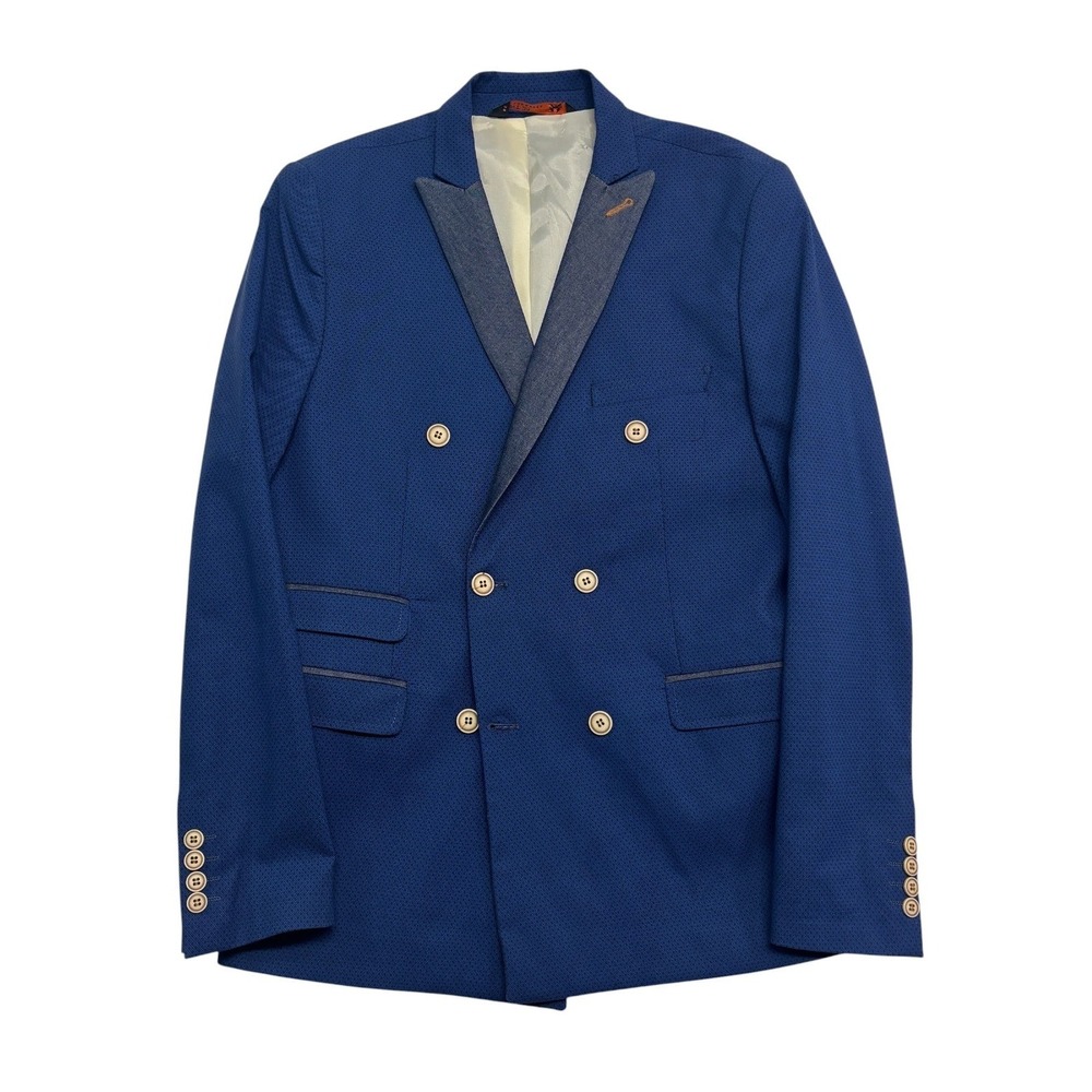 RNT23 Ron Tomson 40R Navy Blue Double Breasted Cotton Blazer Jacket Sport Coat